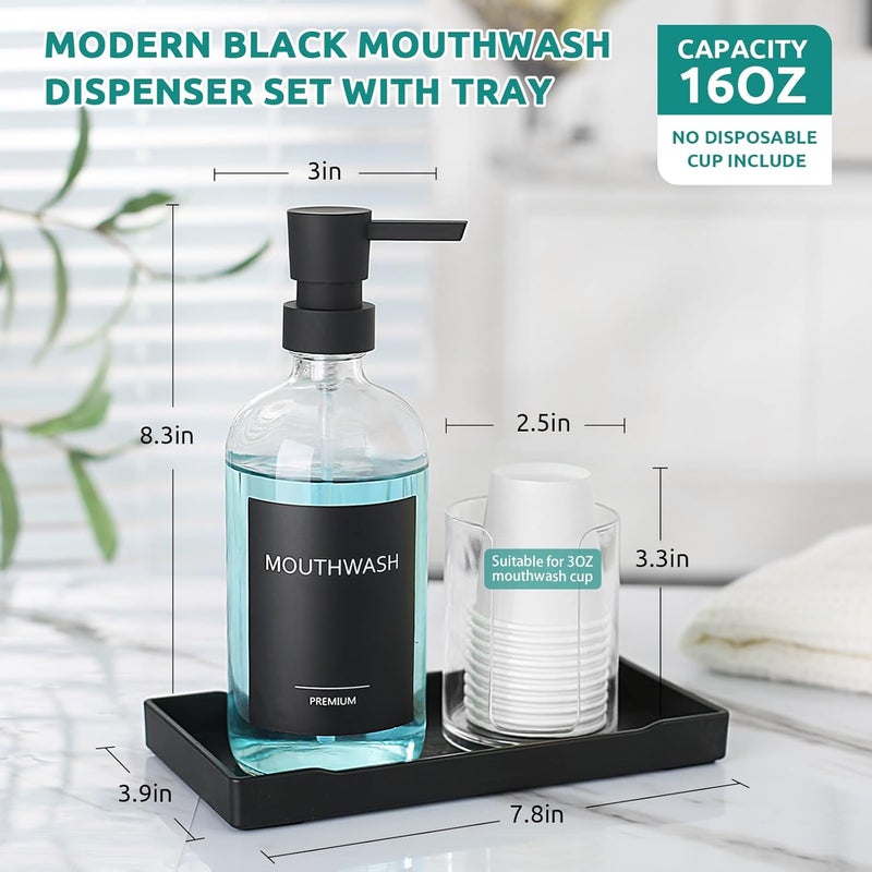 TOLDATLI Mouthwash Dispenser for Bathroom, Glass Mouth Wash Pump Dispenser with Cup Holder, 17 Fl Oz Mouthwash Bottle Decanter with Tray, Refillable Mouthwash Dispenser Container - Image 2